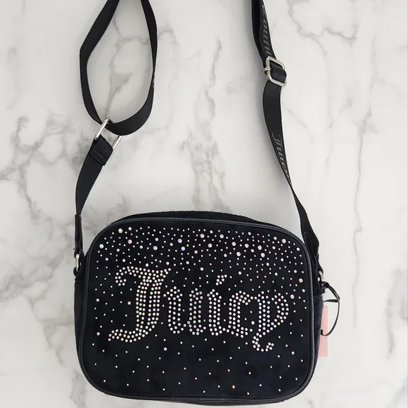 Juicy Couture Black "Let It Shine" Velvet Rhinestone Encrusted Crossbody Bag - Picture 5 of 17
